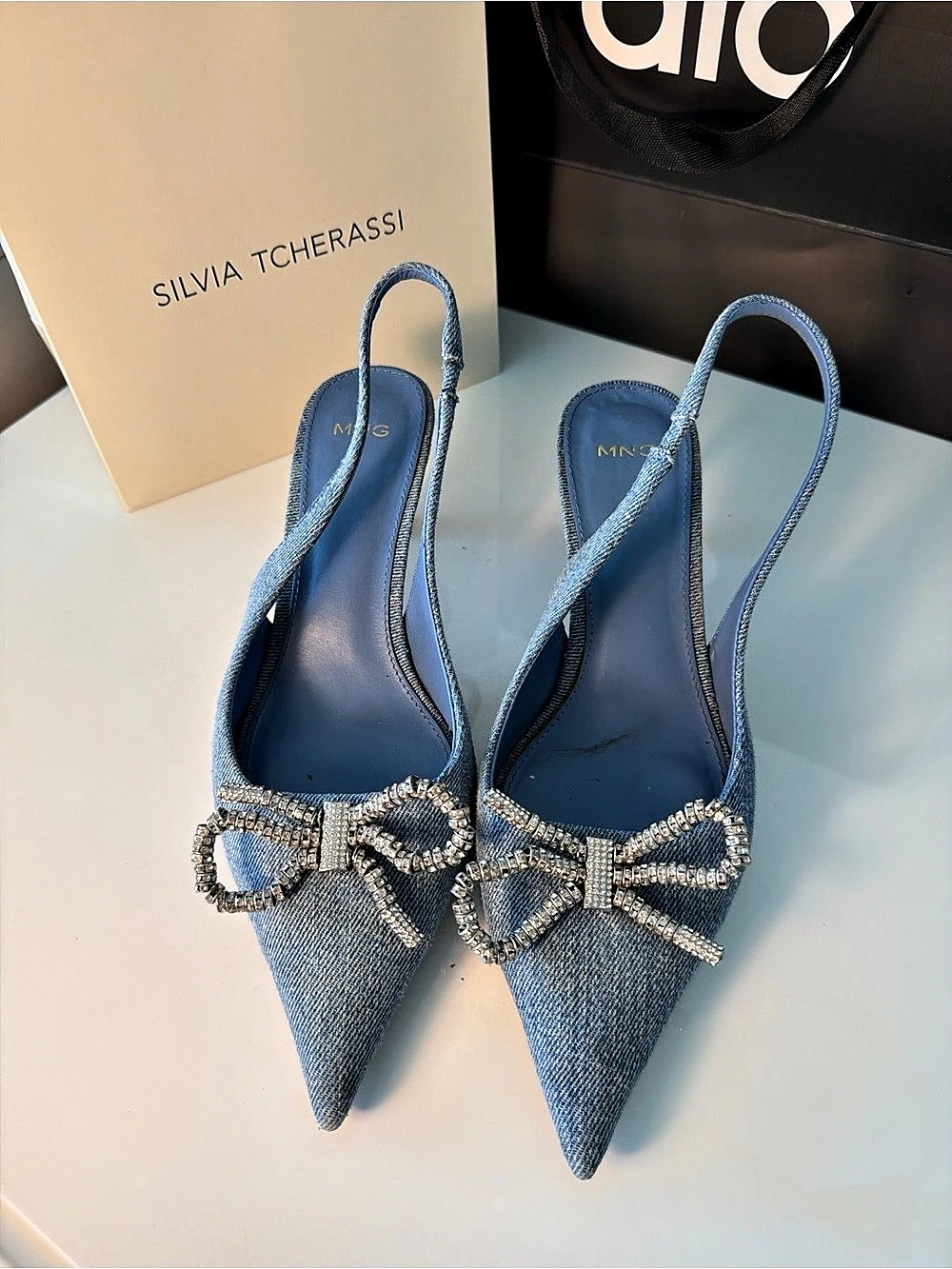 Mango Crystal Bow Slingback Heels in Blue Like New